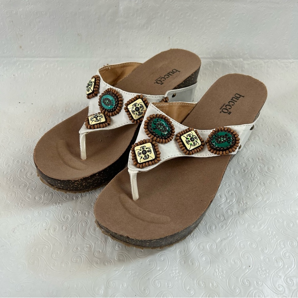 Bucco White and Brown Wedge Sandals
